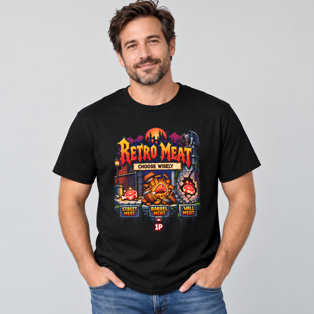 Retro Meat – Choose Wisely Pixel Art Gamer T-Shirt