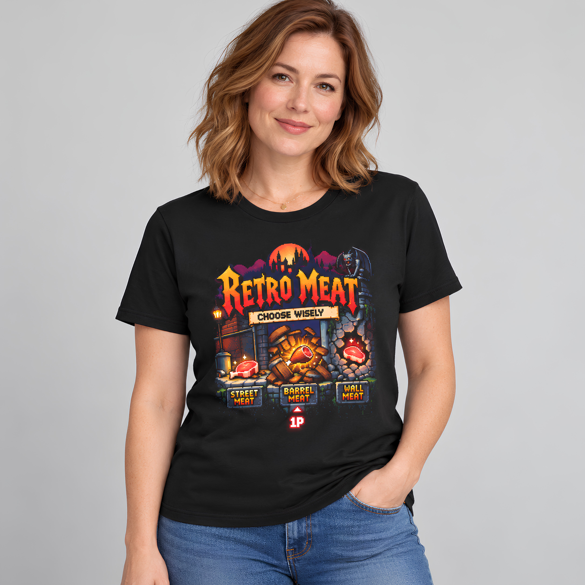 Retro Meat – Choose Wisely Pixel Art Gamer T-Shirt