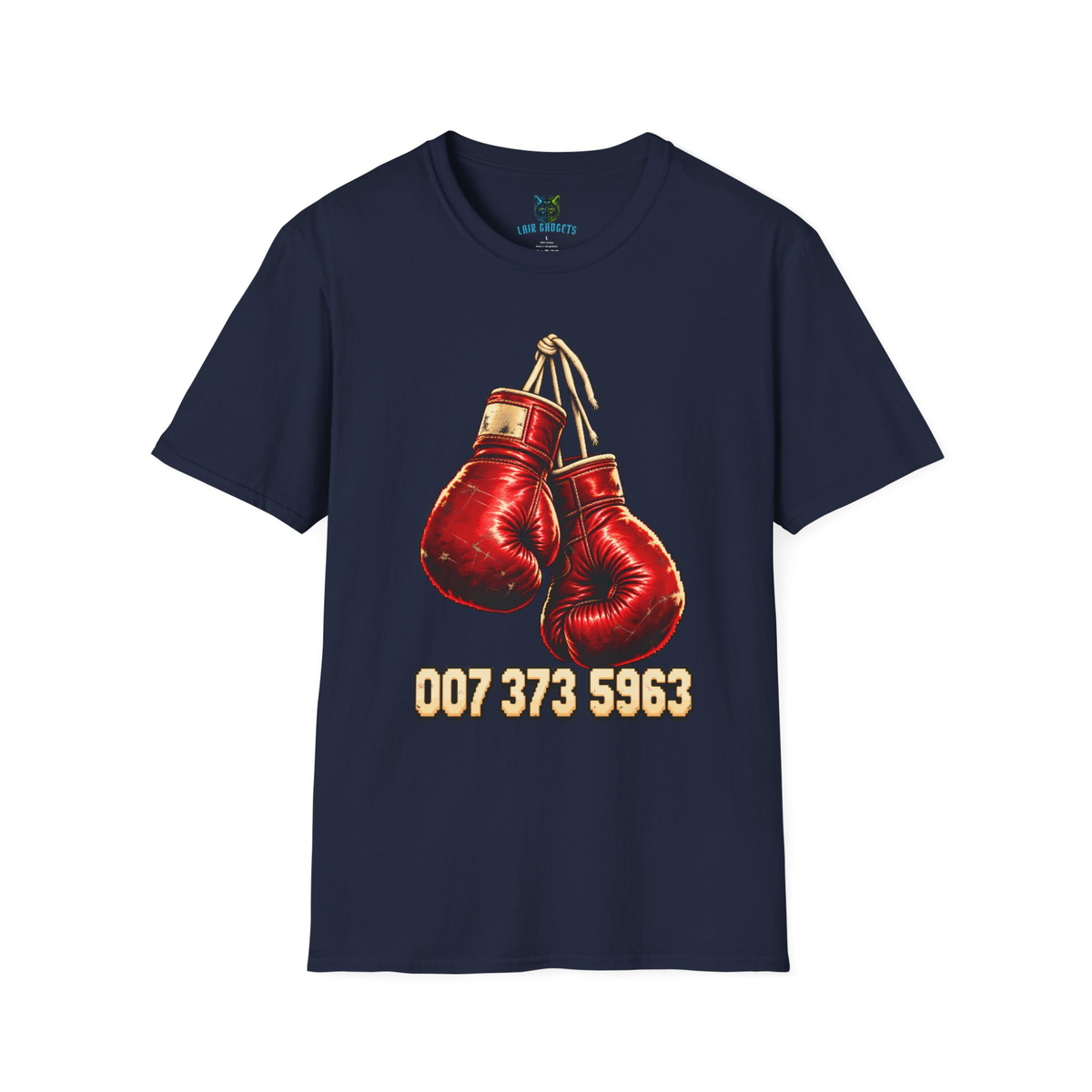 Navy t-shirt with retro red boxing gloves and 007 373 5963 graphic
