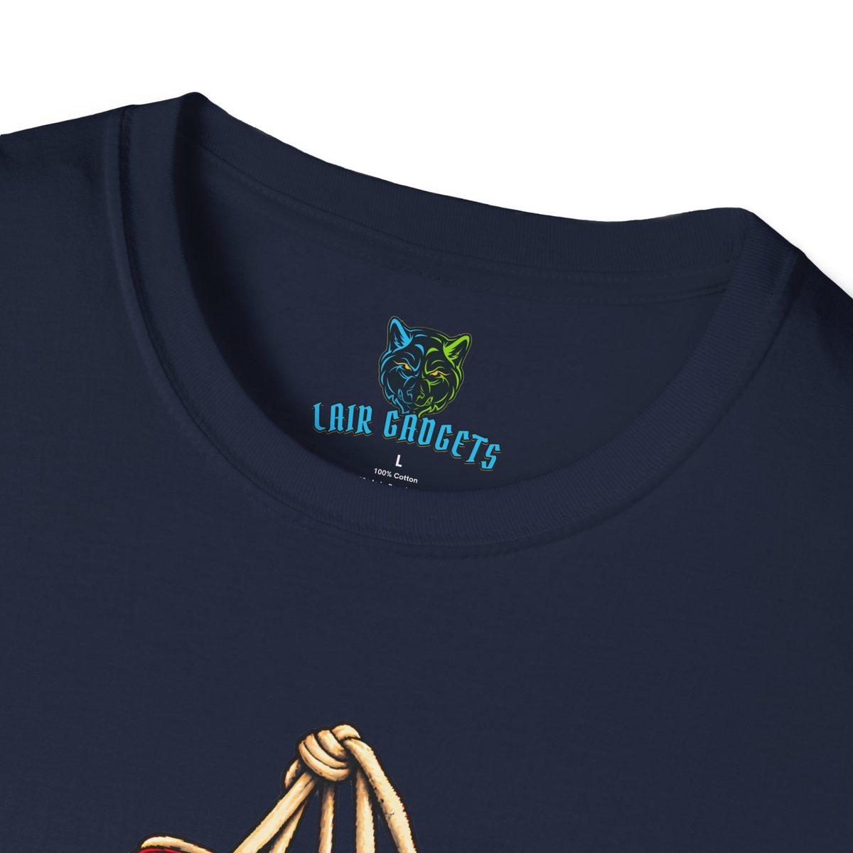 Printed Lair Gadgets neck label on navy t-shirt