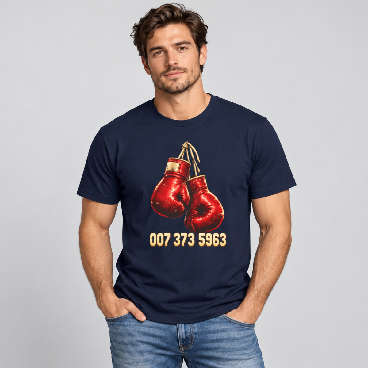 Man wearing navy retro boxing gloves graphic tee