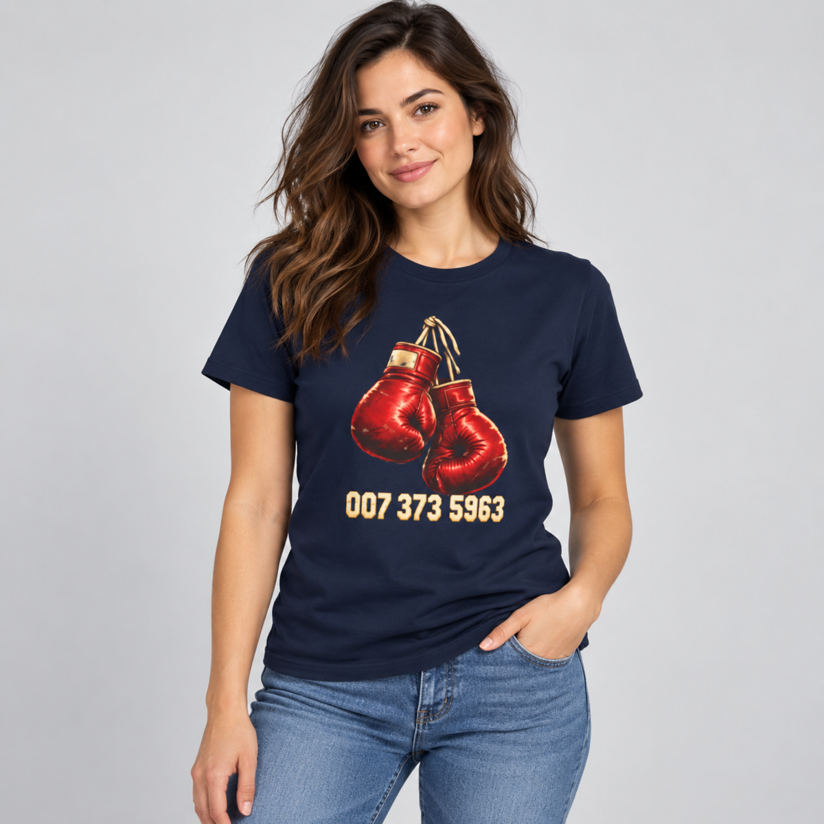 Woman wearing navy retro boxing gloves graphic tee