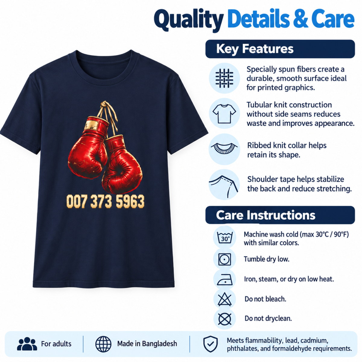 Fabric, construction, and care details for navy graphic tee