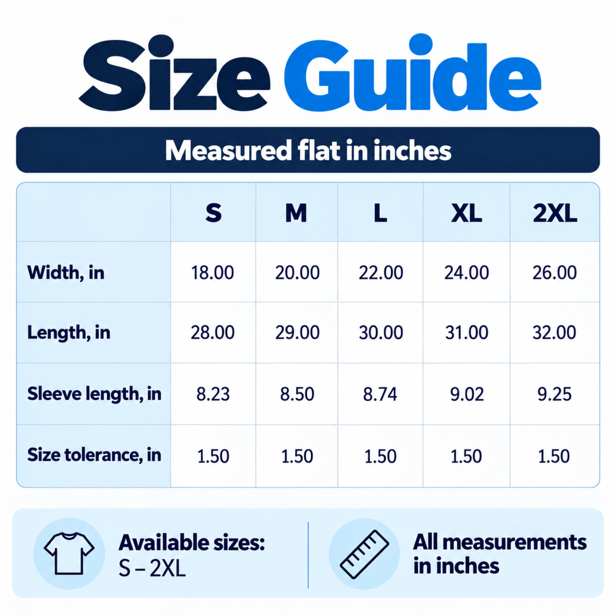 Size chart with flat measurements for S through 2XL