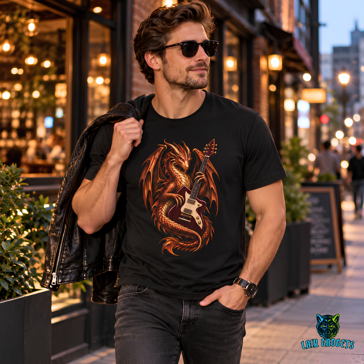 Model wearing a graphic tee with a copper dragon wrapped around an electric guitar, on a city sidewalk