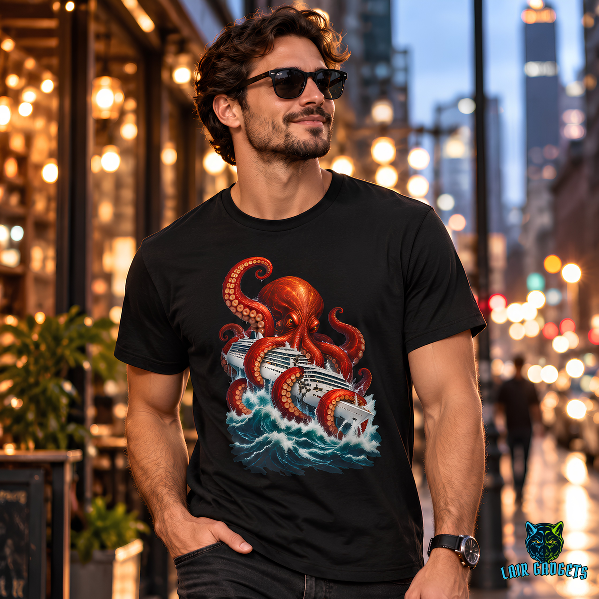 Model wearing a graphic tee with a giant red octopus wrapping a cruise ship in crashing waves, on a city sidewalk