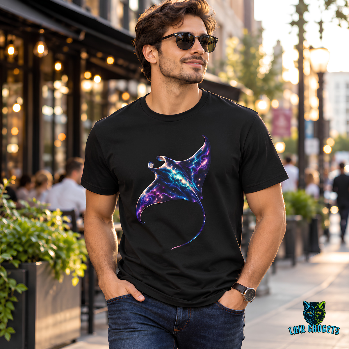 Model in a black graphic tee with a glowing purple and blue galaxy manta ray, walking past a sidewalk cafe