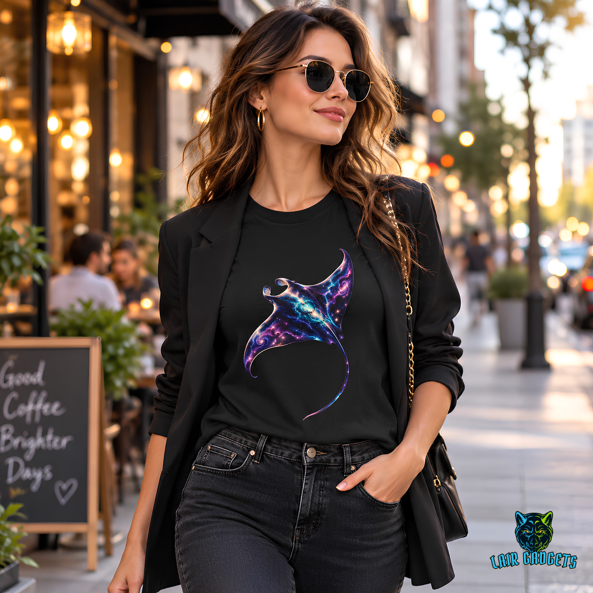 Model in a black graphic tee with a glowing purple and blue galaxy manta ray, walking past a sidewalk cafe