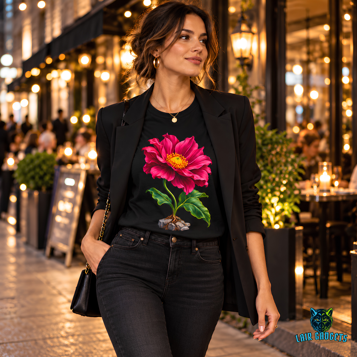 Woman in a black graphic tee with a large pink flower growing from rocks, walking past a lit cafe in the evening