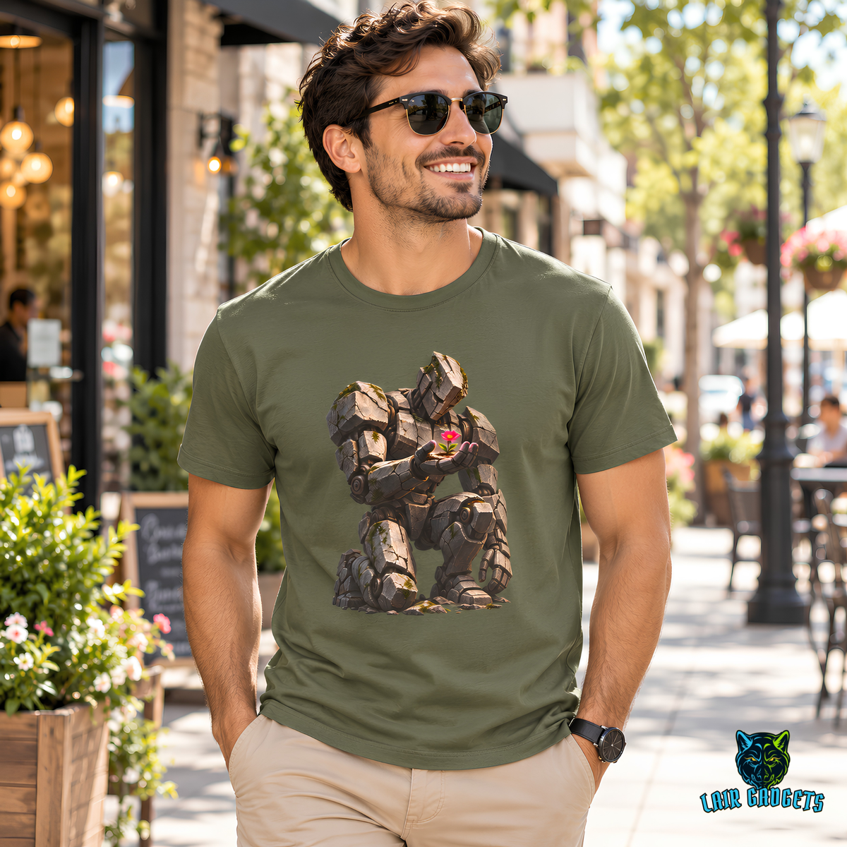 Model wearing a graphic tee with a kneeling stone giant gently holding a small pink flower, on a city street