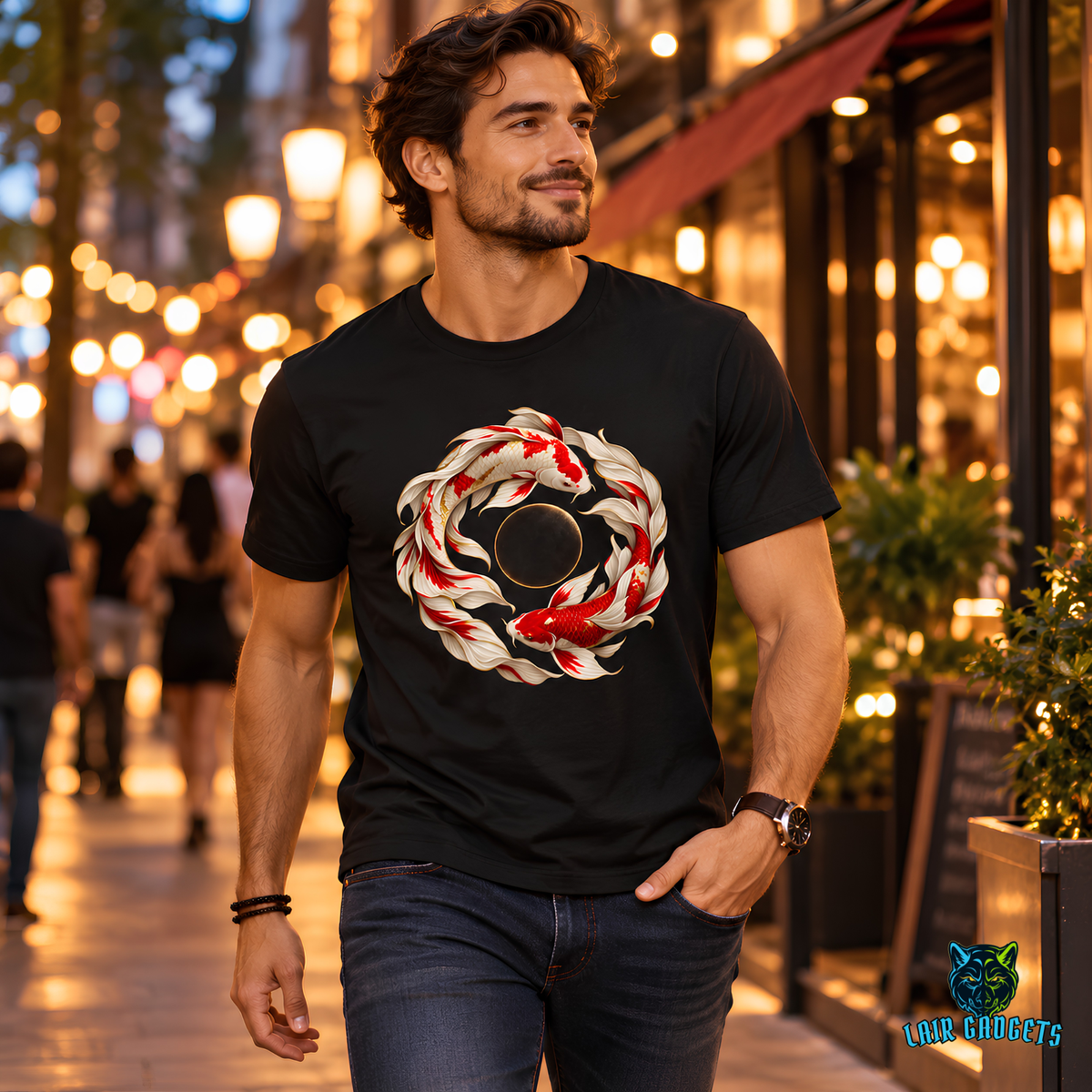 Model in a black graphic tee with red and white koi fish circling a dark center, on a city sidewalk