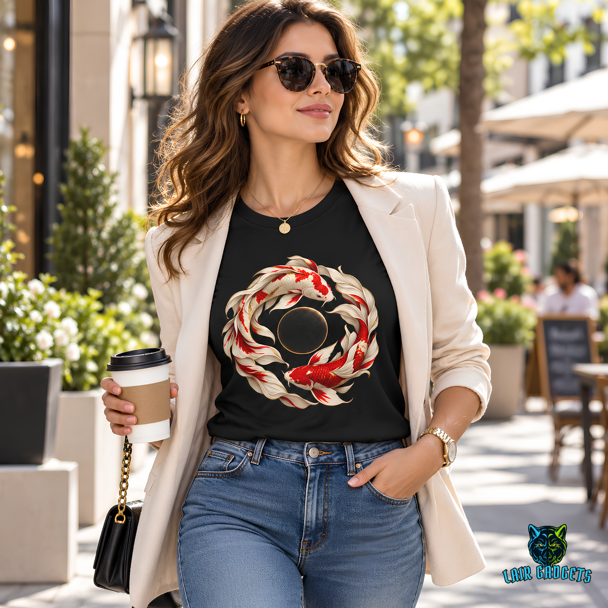 Model in a black graphic tee with red and white koi fish circling a dark center, on a city sidewalk