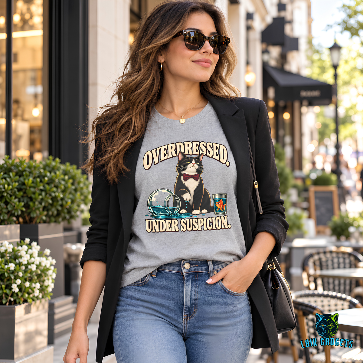 Model wearing an Overdressed. Under Suspicion. tee with a tuxedo cat in a bow tie beside a tipped fishbowl
