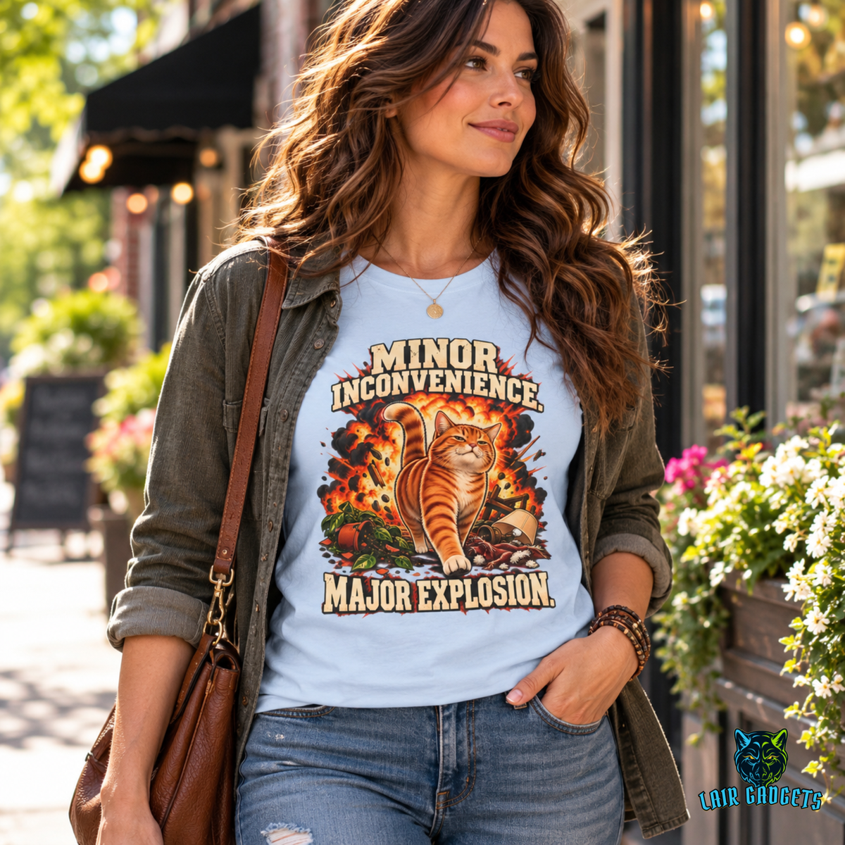 Woman wearing a Minor Inconvenience. Major Explosion. tee with an orange cat walking away from an explosion