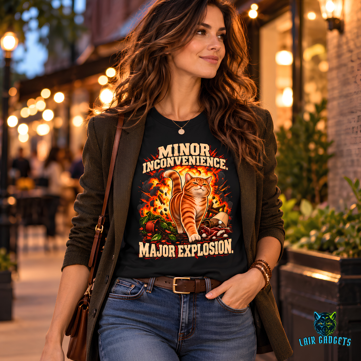 Woman wearing a Minor Inconvenience. Major Explosion. tee with an orange cat walking away from an explosion