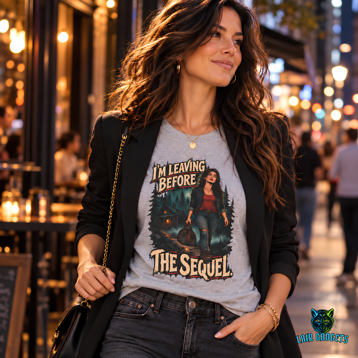 Woman wearing an I'm Leaving Before the Sequel tee with a woman walking away from a forest cabin