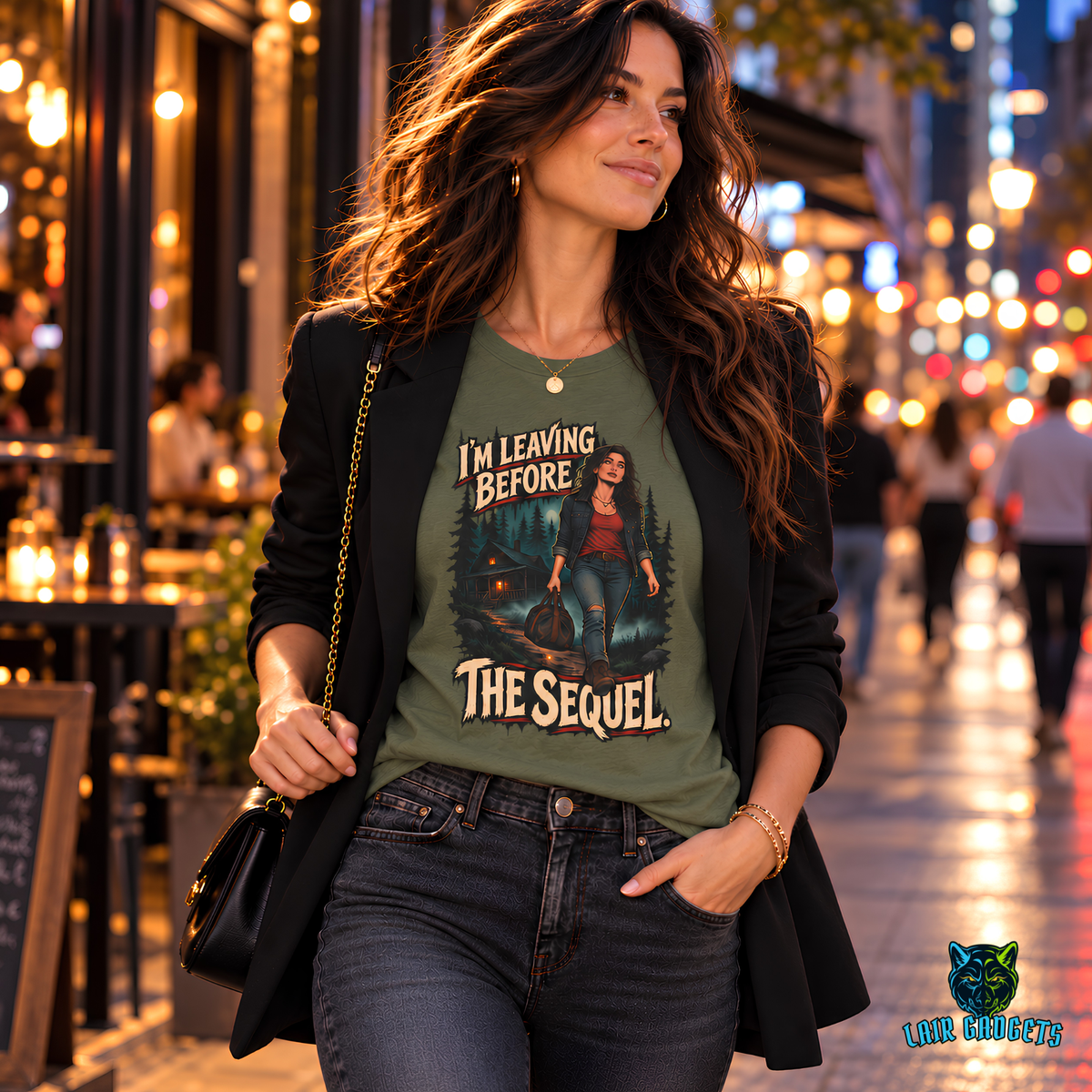 Woman wearing an I'm Leaving Before the Sequel tee with a woman walking away from a forest cabin