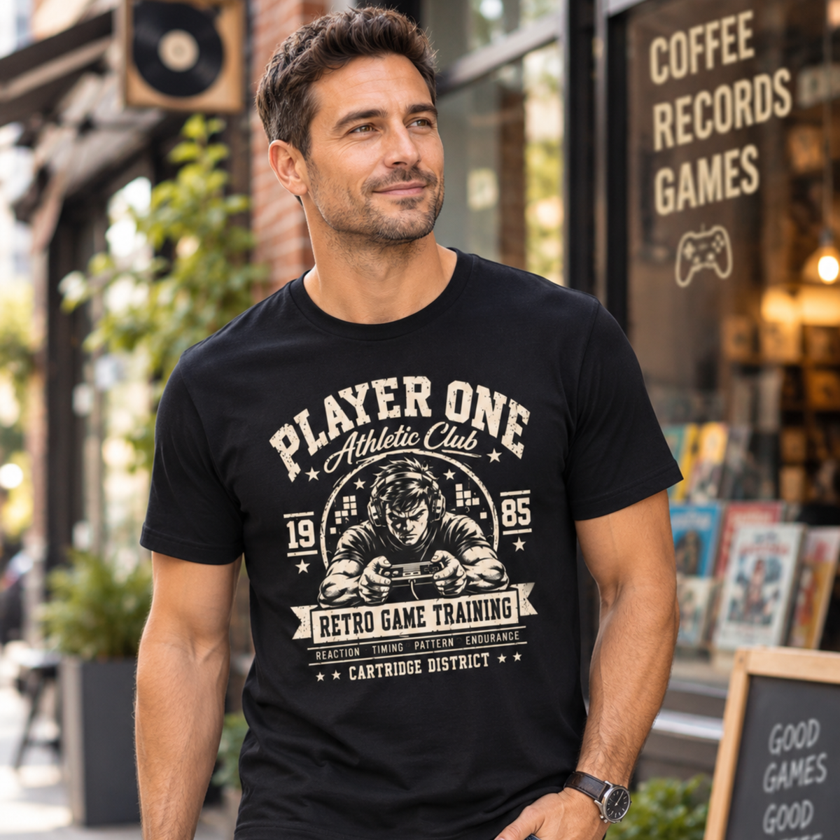 Retro gamer graphic tee with vintage 80s varsity athletic club video game design