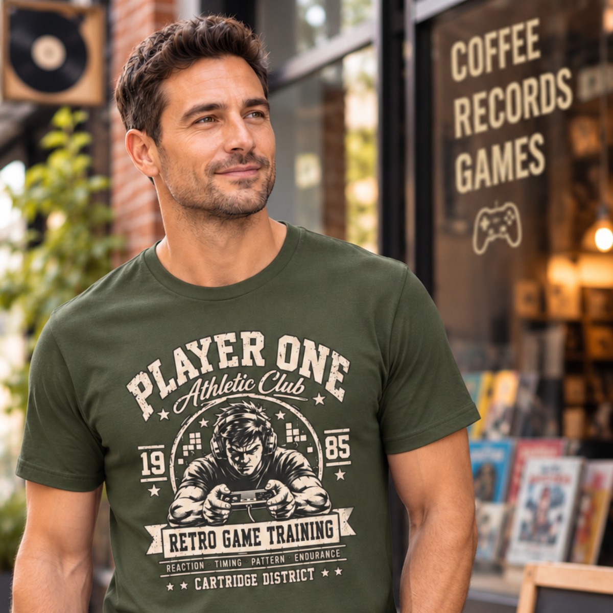 Retro gamer graphic tee with vintage 80s varsity athletic club video game design