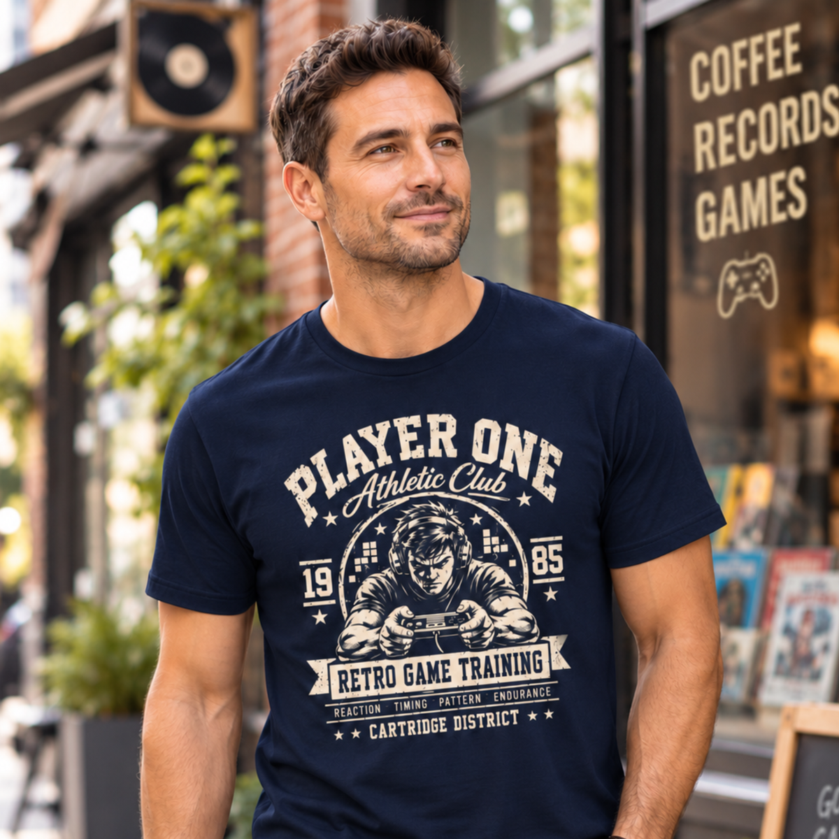 Retro gamer graphic tee with vintage 80s varsity athletic club video game design