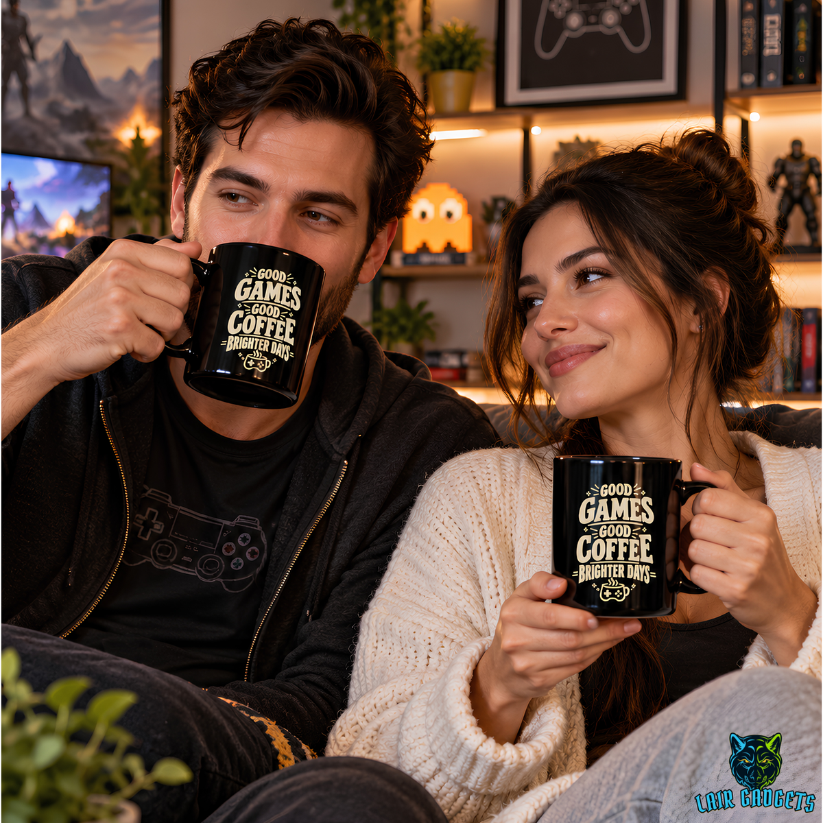 Couple drinking coffee from black gamer mugs in a cozy game room