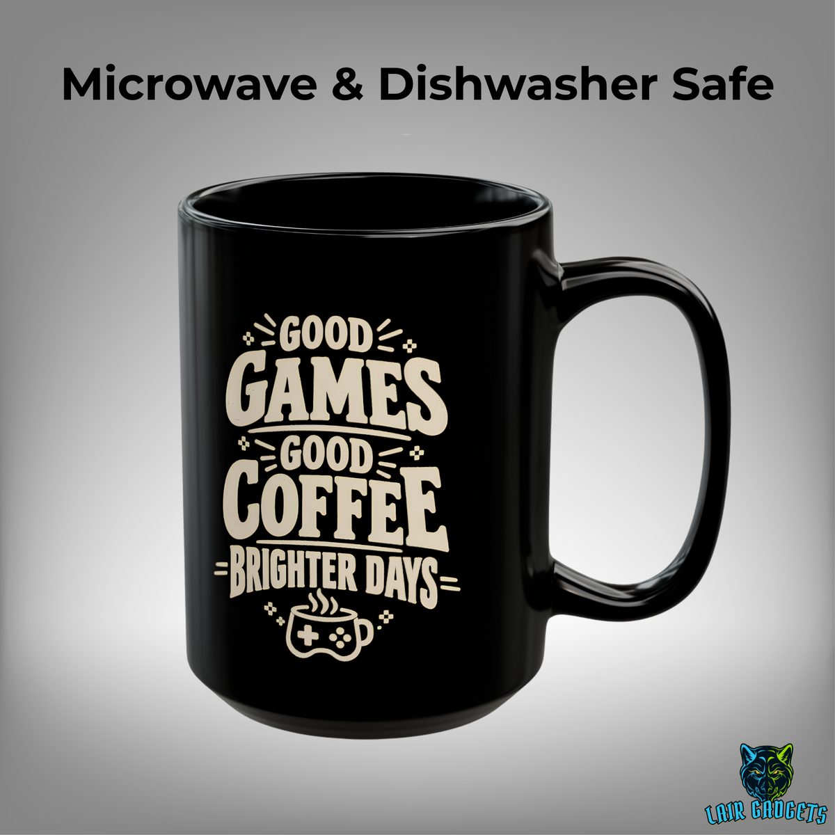 Black ceramic gamer coffee mug, microwave and dishwasher safe