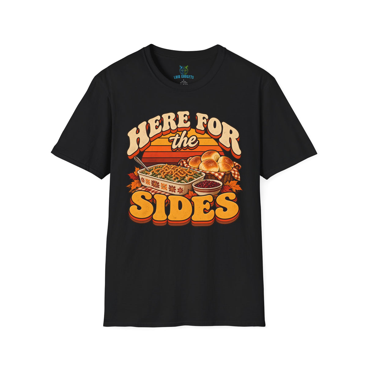 Here for the Sides funny Thanksgiving shirt in black with retro 70s green bean casserole, rolls and cranberry design