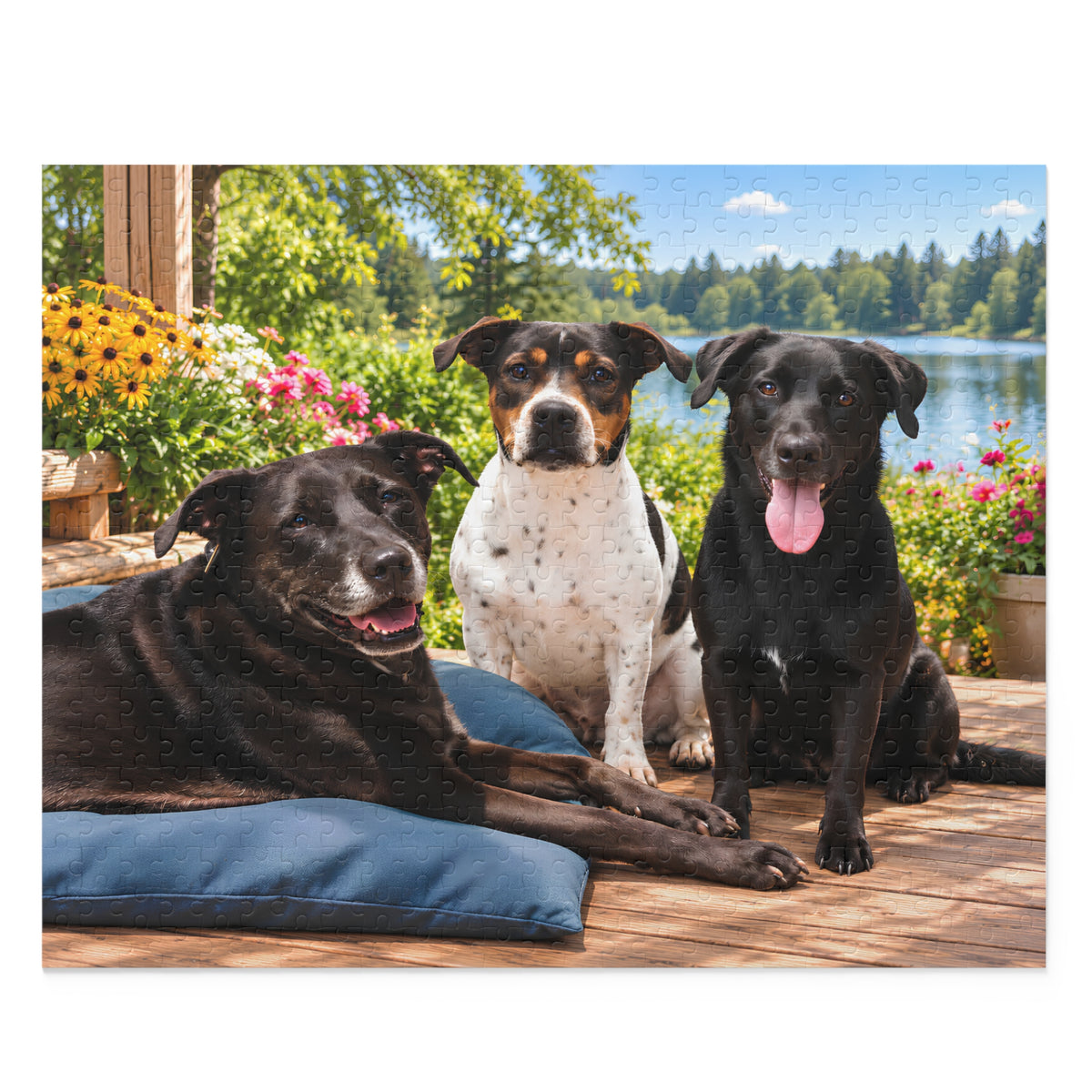 500 piece dog jigsaw puzzle showing two black dogs and a spotted tricolor dog on a lakeside deck