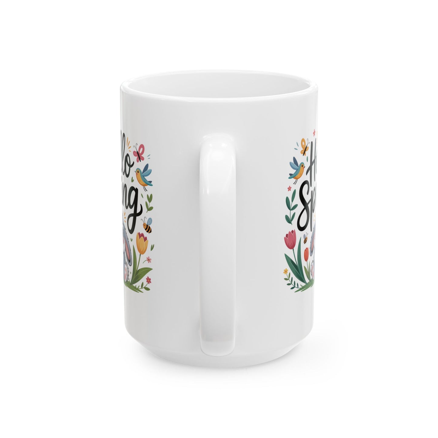 Spring Coffee Mug with Bunny and Butterflies Design, White Ceramic 15 oz Mug, Easter and Seasonal Drinkware- B0GKBR6LHZ