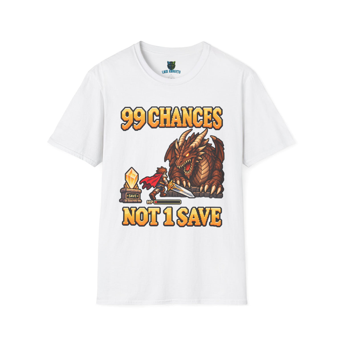 White t-shirt with 99 Chances Not 1 Save retro pixel art dragon graphic
