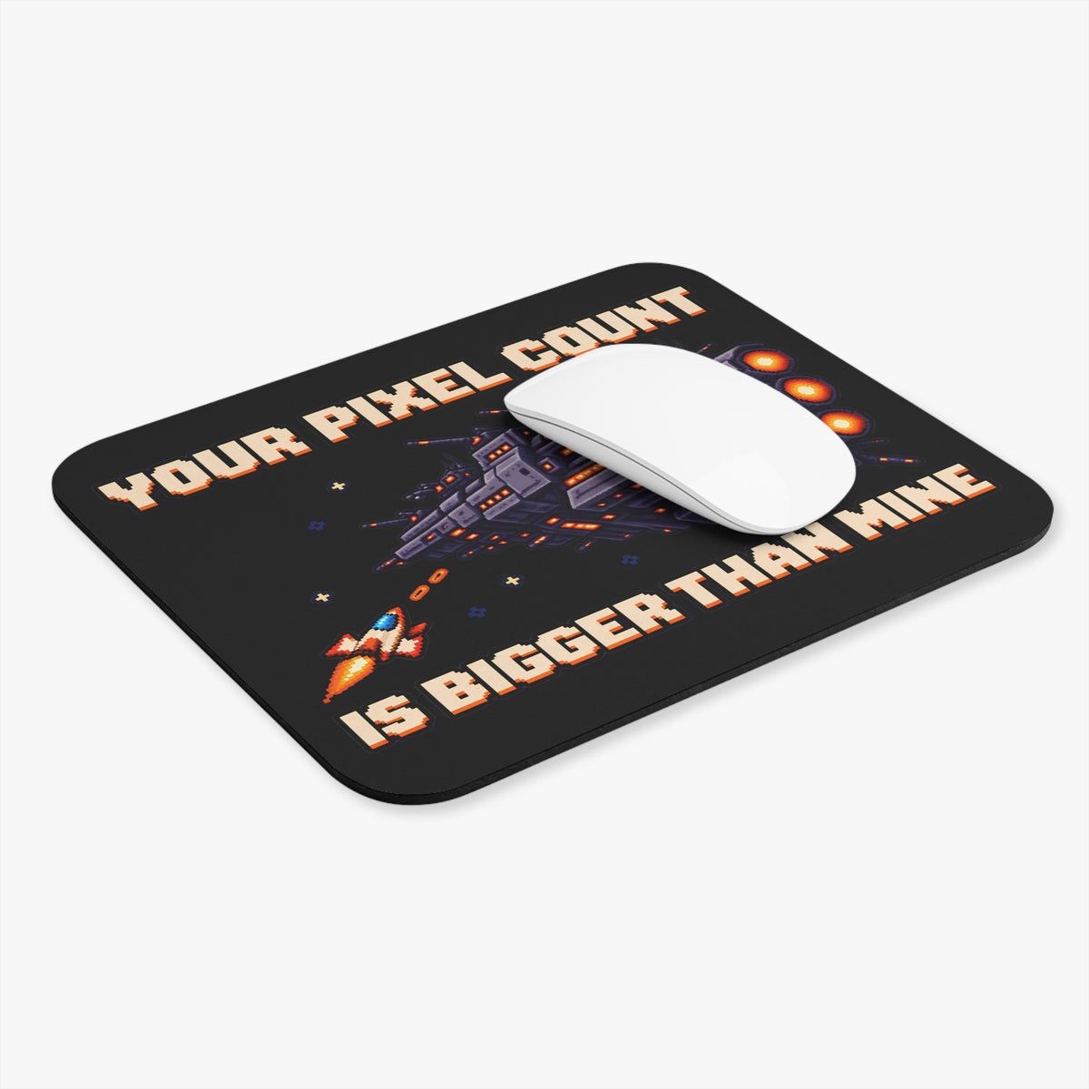 Retro gaming mouse pad with pixel-art dreadnought, glowing thrusters, and starfield design