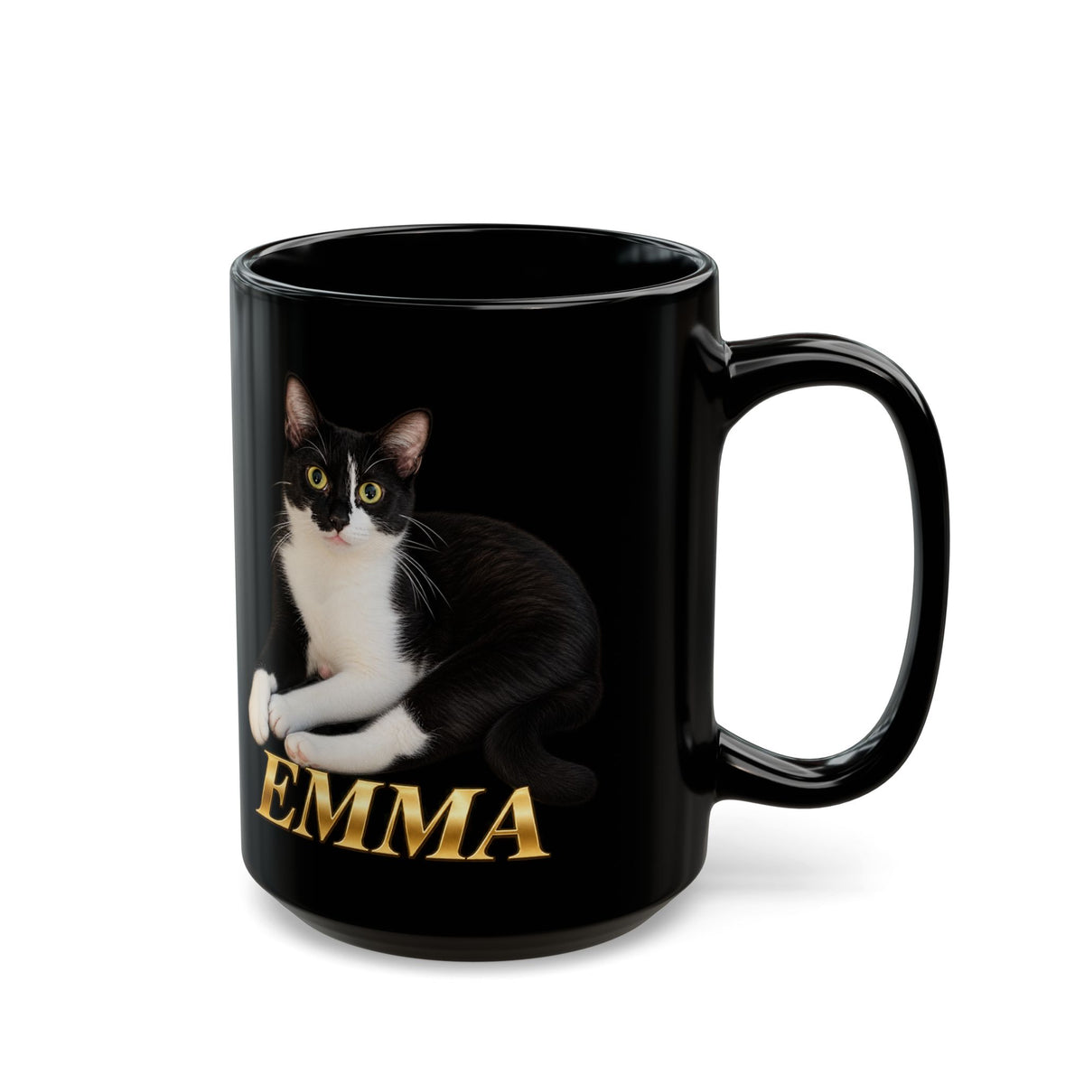 15 oz black custom cat portrait mug with tuxedo cat Emma and her name in gold lettering
