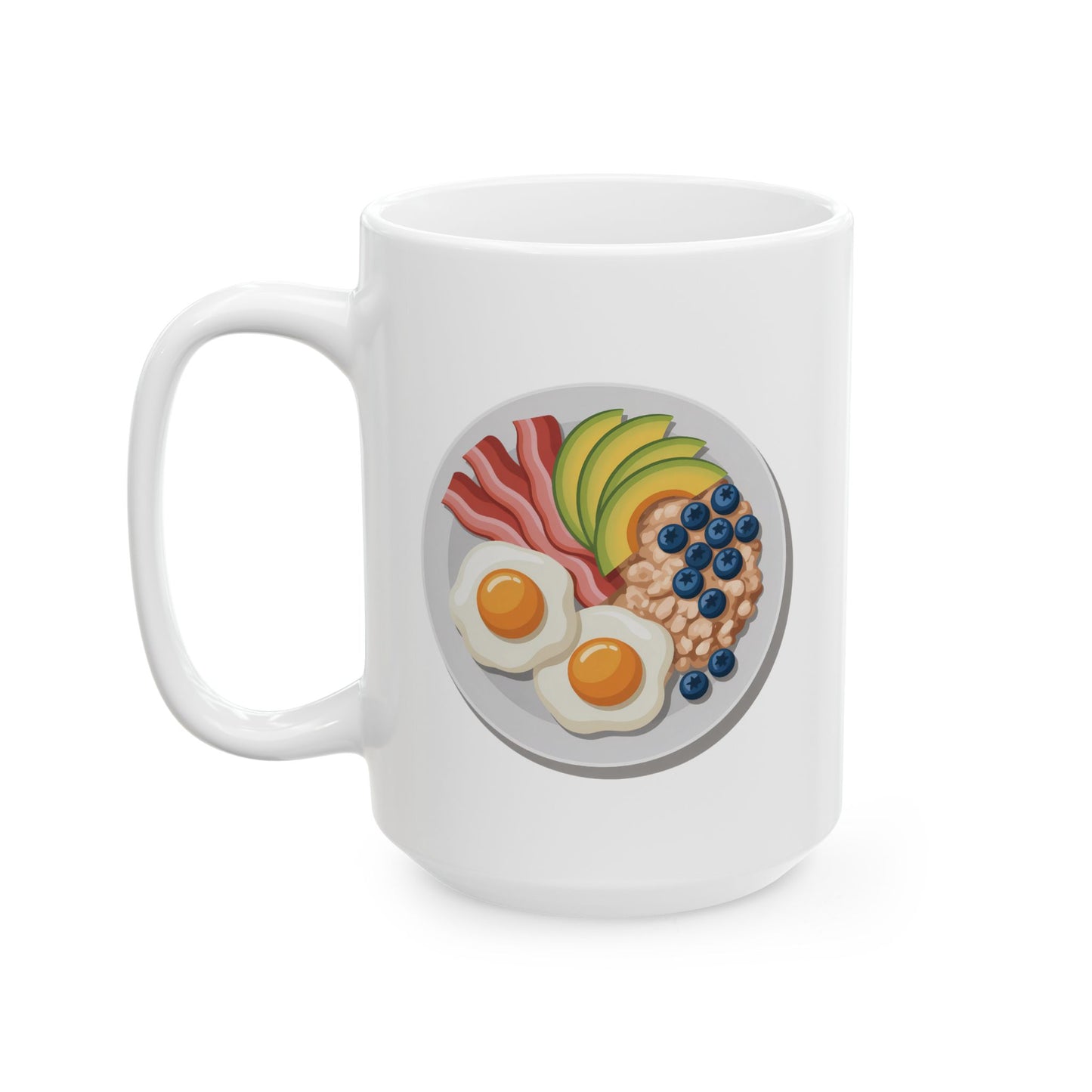 Breakfast Plate Ceramic Mug — Cute Sunny Side Eggs & Berries Coffee Cup (15oz)