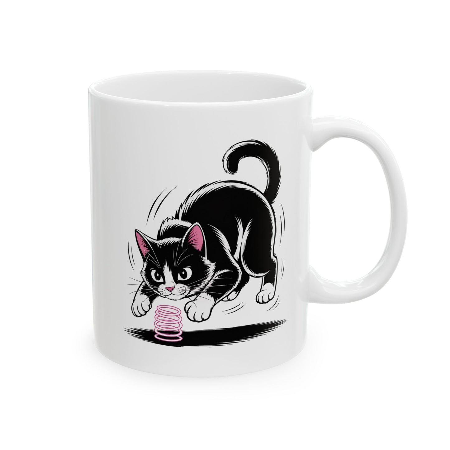 Cute Cat Coffee Mug Ceramic – Playful Tuxedo Kitten with Spring Toy Design – Cat Lover Gift