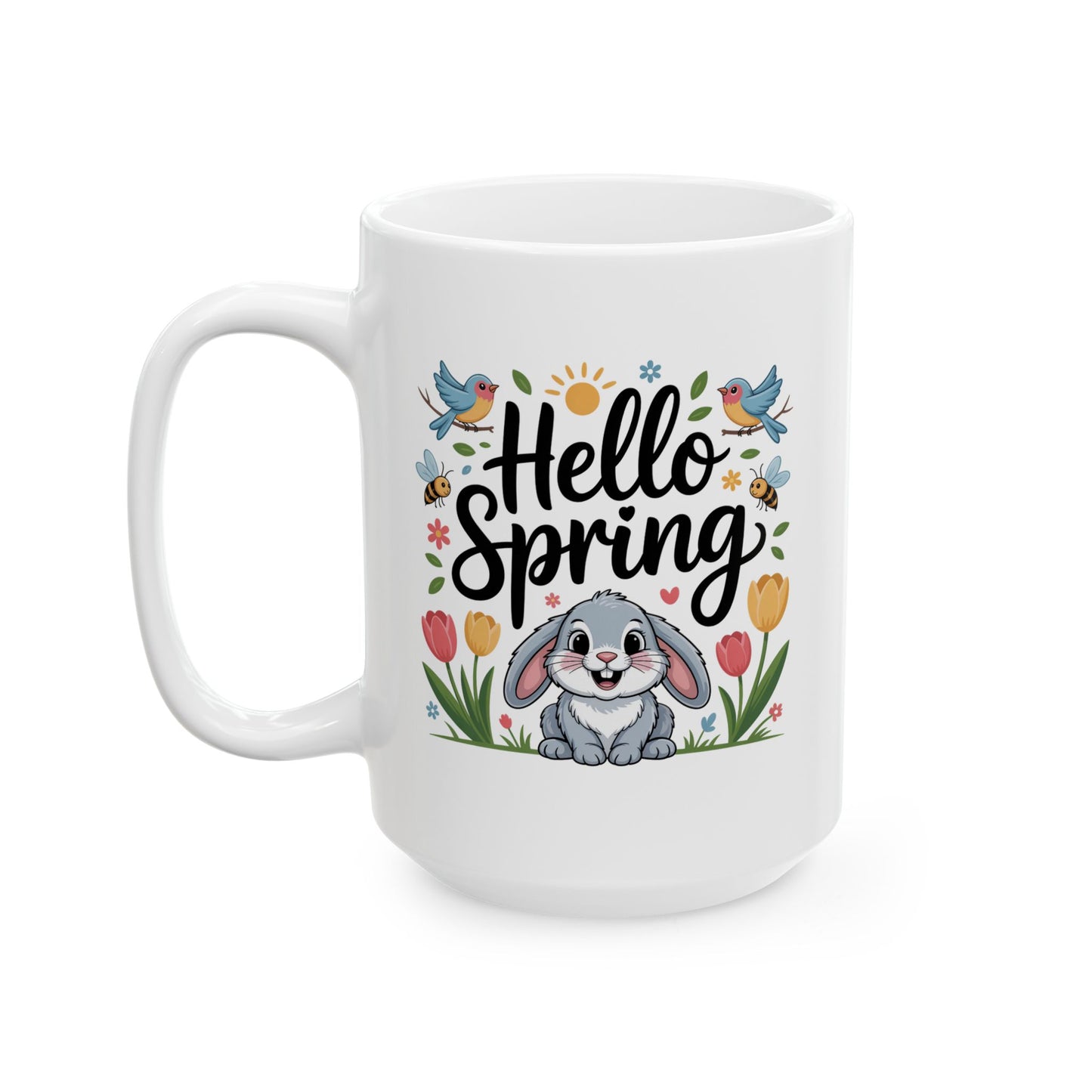 Spring Coffee Mug with Bunny and Garden Birds Design, White Ceramic 15 oz Mug, Easter and Seasonal Drinkware by Lair Gadgets