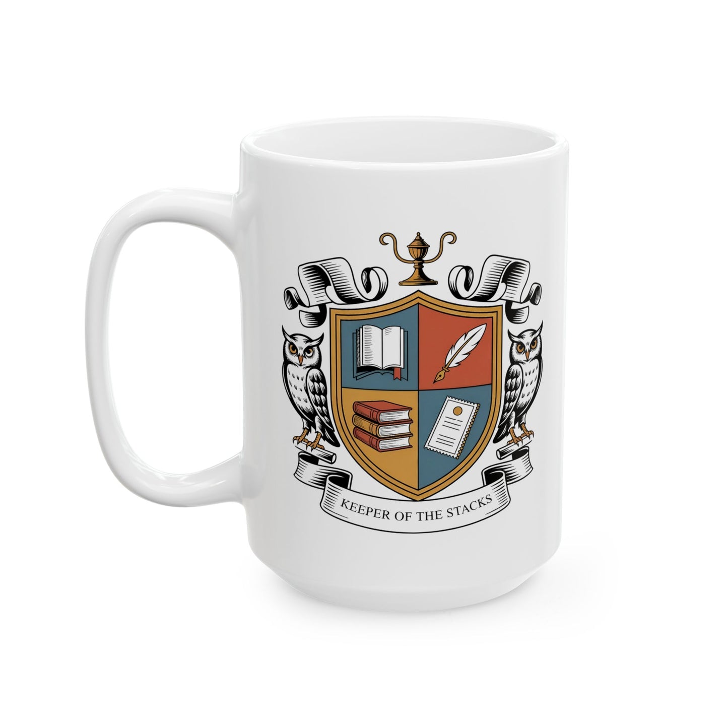 Keeper of the Stacks Librarian Crest Mug 15oz – Ceramic Coffee Mug for Librarians, Book Lovers, and Readers – Scholarly Owl Shield Design by Lair Gadgets