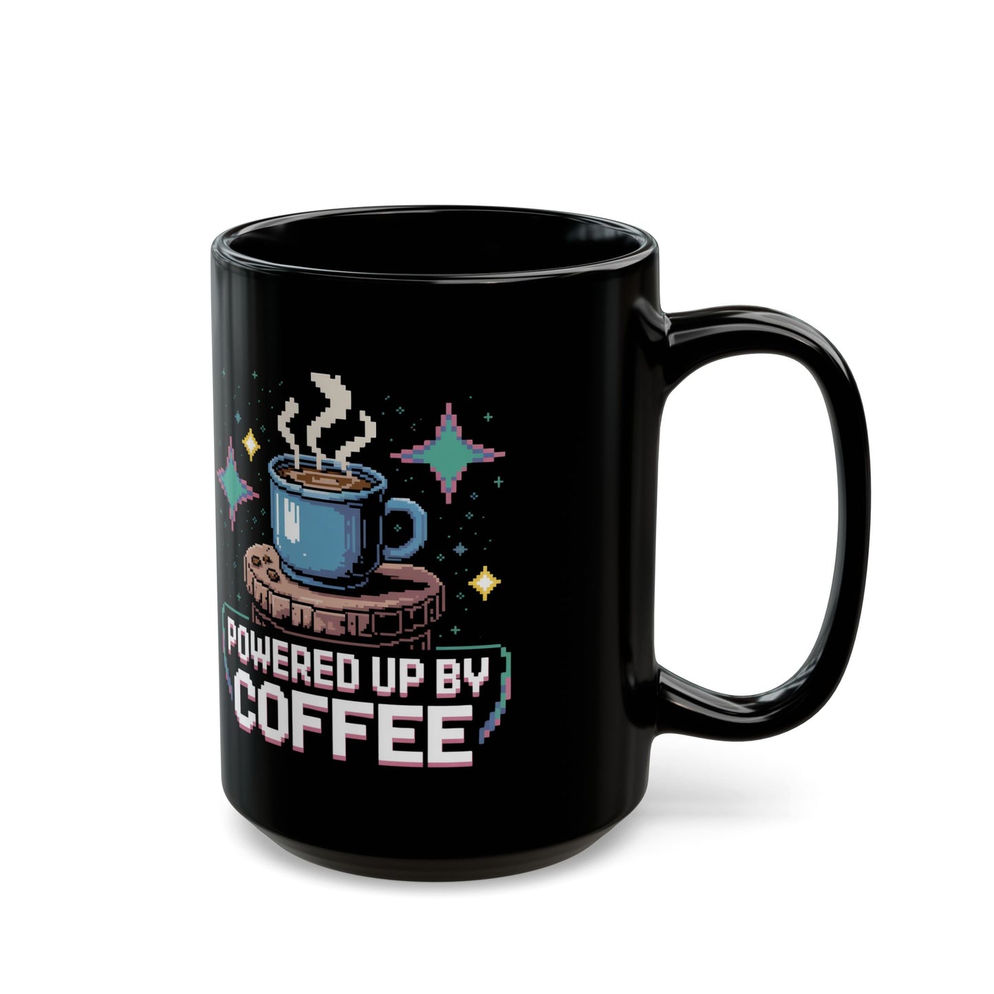 Coffee Lover's Black Mug, Powered Up by Coffee, Gift for Coffee Enthusiasts, Cozy Vibes, Fun Home Office Decor, Birthday Gift