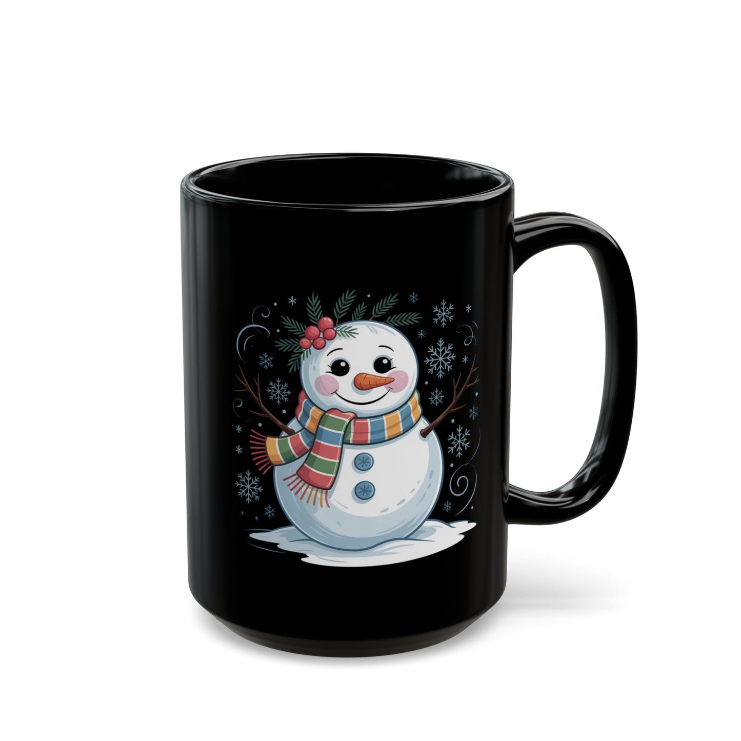 Holly Frost Snowman Mug by Lair Gadgets – 15 oz Black Ceramic Coffee Cup with Festive Holiday Snowman and Scarf Design