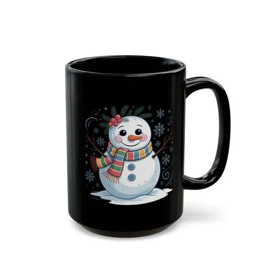 Holly Frost Snowman Mug by Lair Gadgets – 15 oz Black Ceramic Coffee Cup with Festive Holiday Snowman and Scarf Design