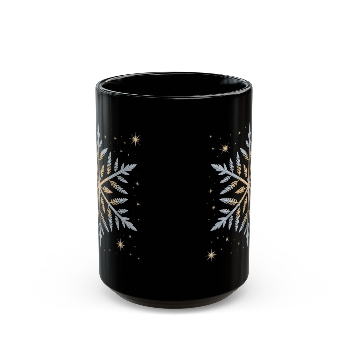 Winter Radiance Snowflake Mug by Lair Gadgets – 15 oz Black Ceramic Coffee Cup with Elegant Gold and Silver Flake Design