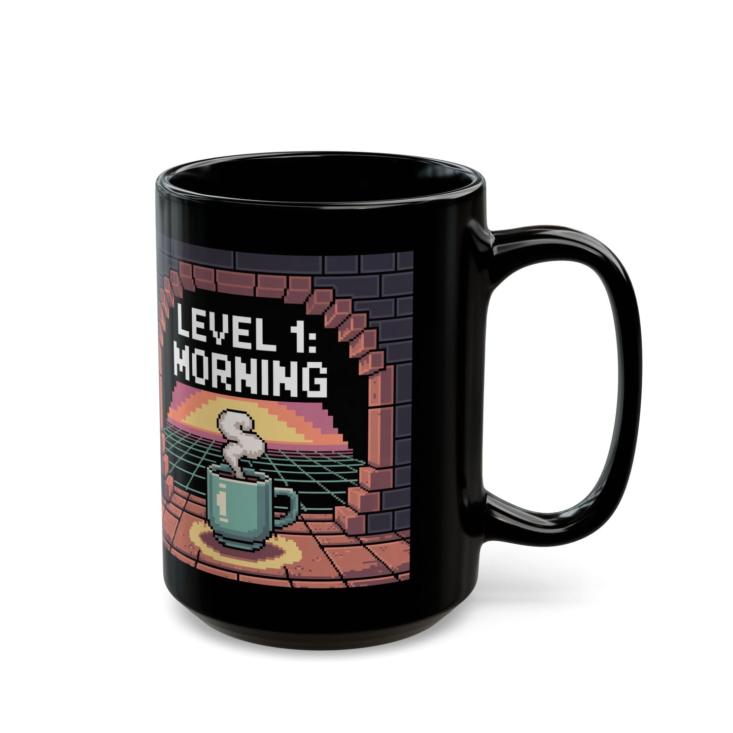 Retro Gamer Coffee Mug – Level 1 Morning Pixel Art Design – Black Ceramic – Funny Video Game Gift- B0GR2P8VNW
