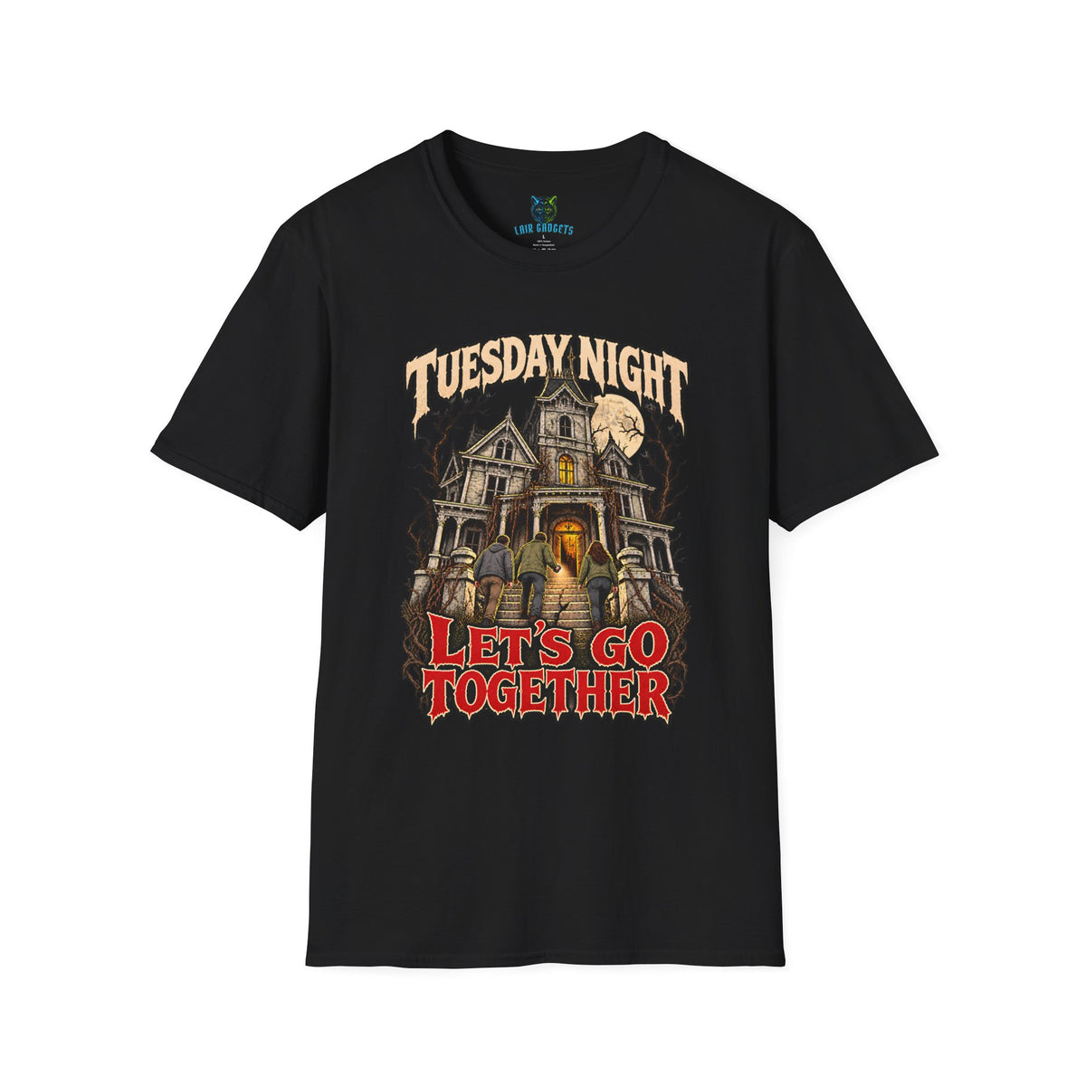 Black t-shirt with Tuesday Night Let's Go Together haunted mansion horror graphic