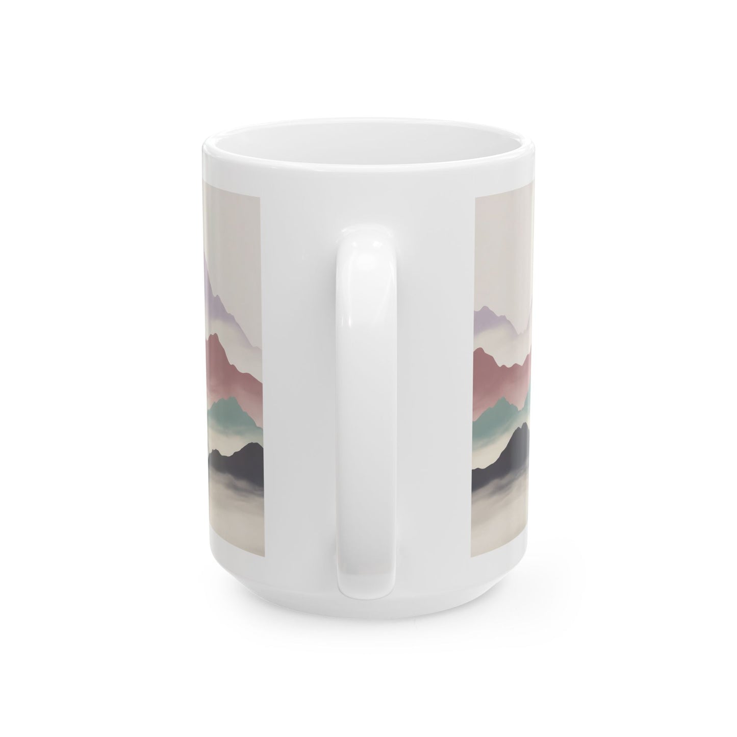 Calming Mountain Landscape Coffee Mug, Minimalist Nature Design, 15 oz White Ceramic Mug for Relaxing Mornings and Quiet Moments — by Lair Gadgets