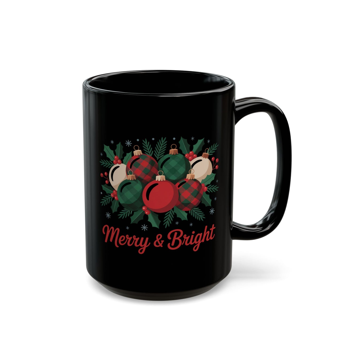 Merry & Bright Holiday Mug by Lair Gadgets – 15 oz Black Ceramic Coffee Cup with Christmas Ornament and Holly Design