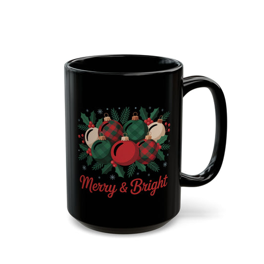 Merry & Bright Holiday Mug by Lair Gadgets – 15 oz Black Ceramic Coffee Cup with Christmas Ornament and Holly Design