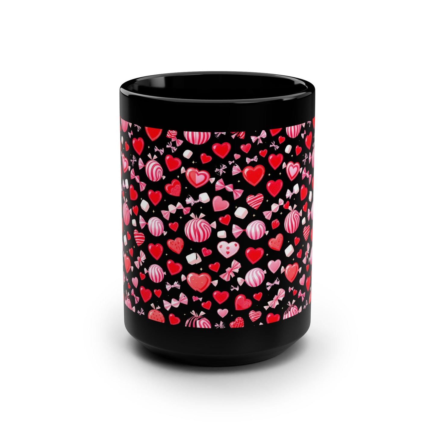 15oz Black Mug — Red & Pink Heart Pattern Valentine’s -92