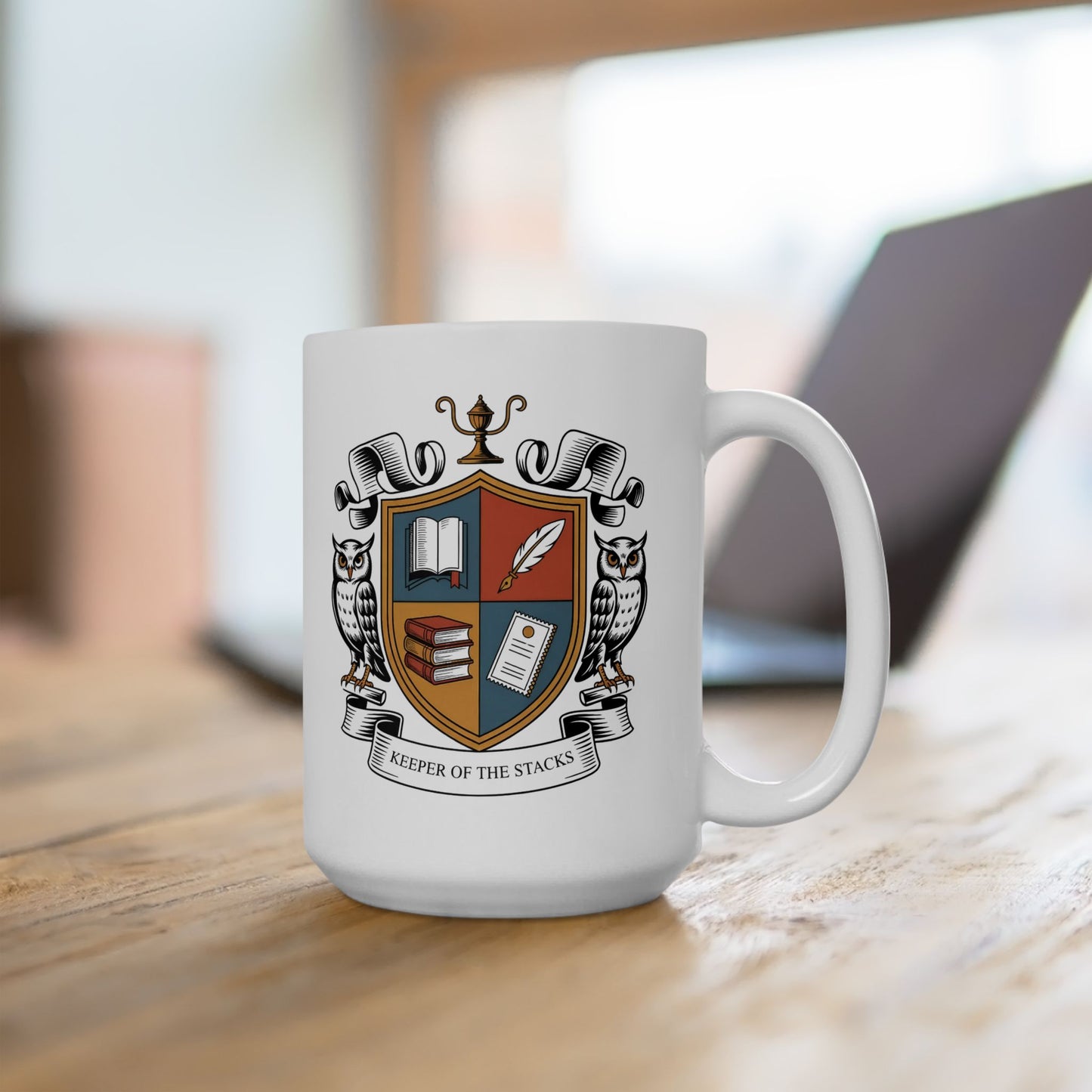Keeper of the Stacks Librarian Crest Mug 15oz – Ceramic Coffee Mug for Librarians, Book Lovers, and Readers – Scholarly Owl Shield Design by Lair Gadgets