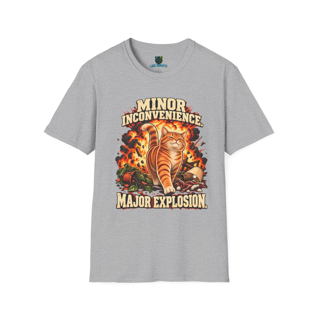 Sport grey t-shirt with Minor Inconvenience orange cat graphic
