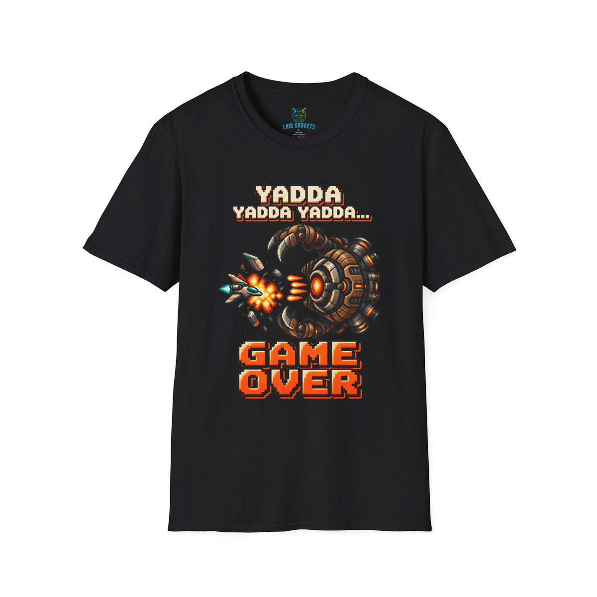 Black t-shirt with Yadda Yadda Yadda Game Over pixel art spaceship graphic