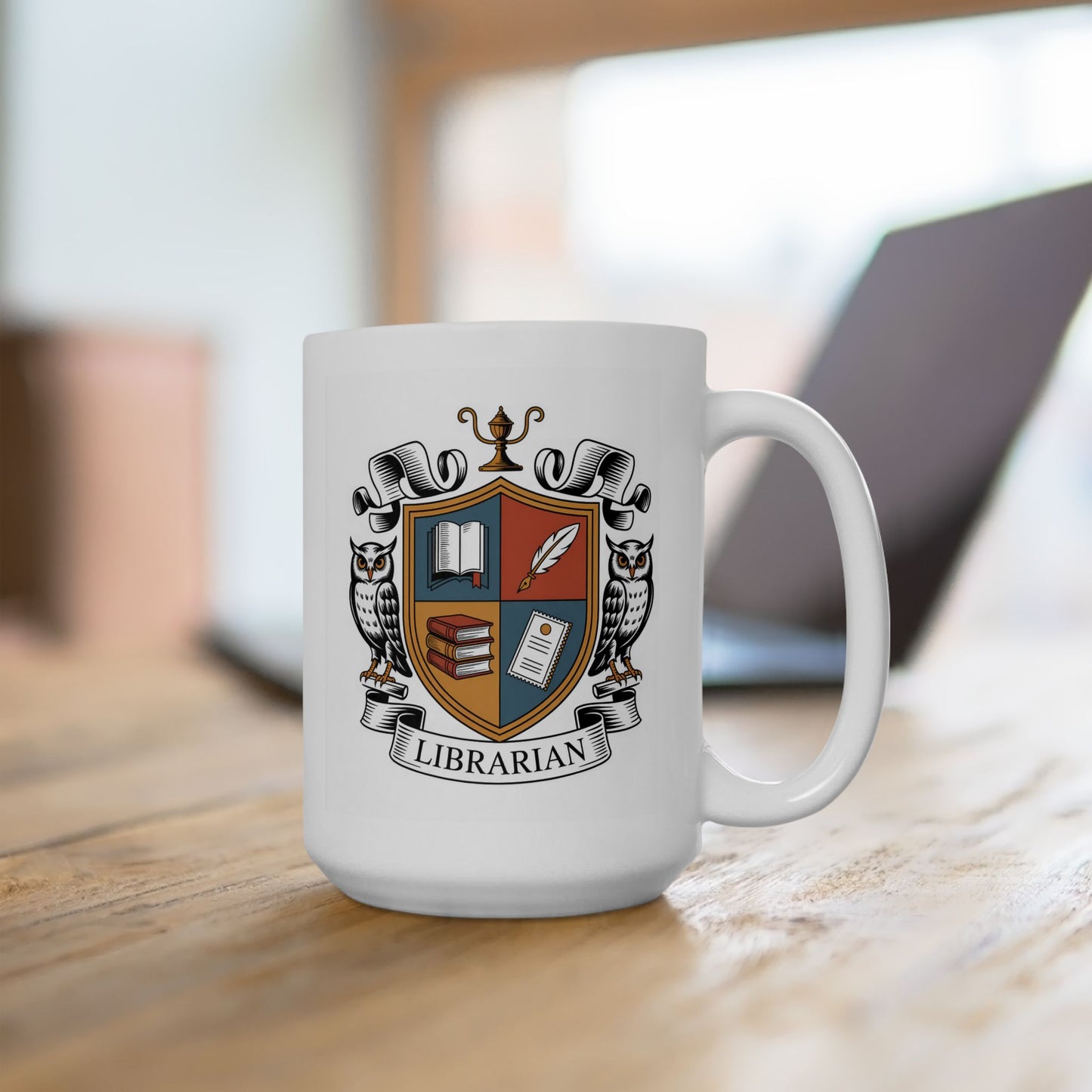 Librarian Crest Mug – Owl Heraldry Design for Librarians and Book Lovers, 15oz Ceramic Coffee Mug, by Lair Gadgets